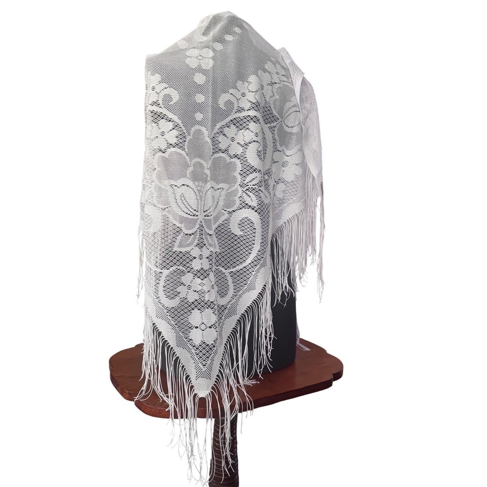 White Floral Lace Fringe Shawl Scarf